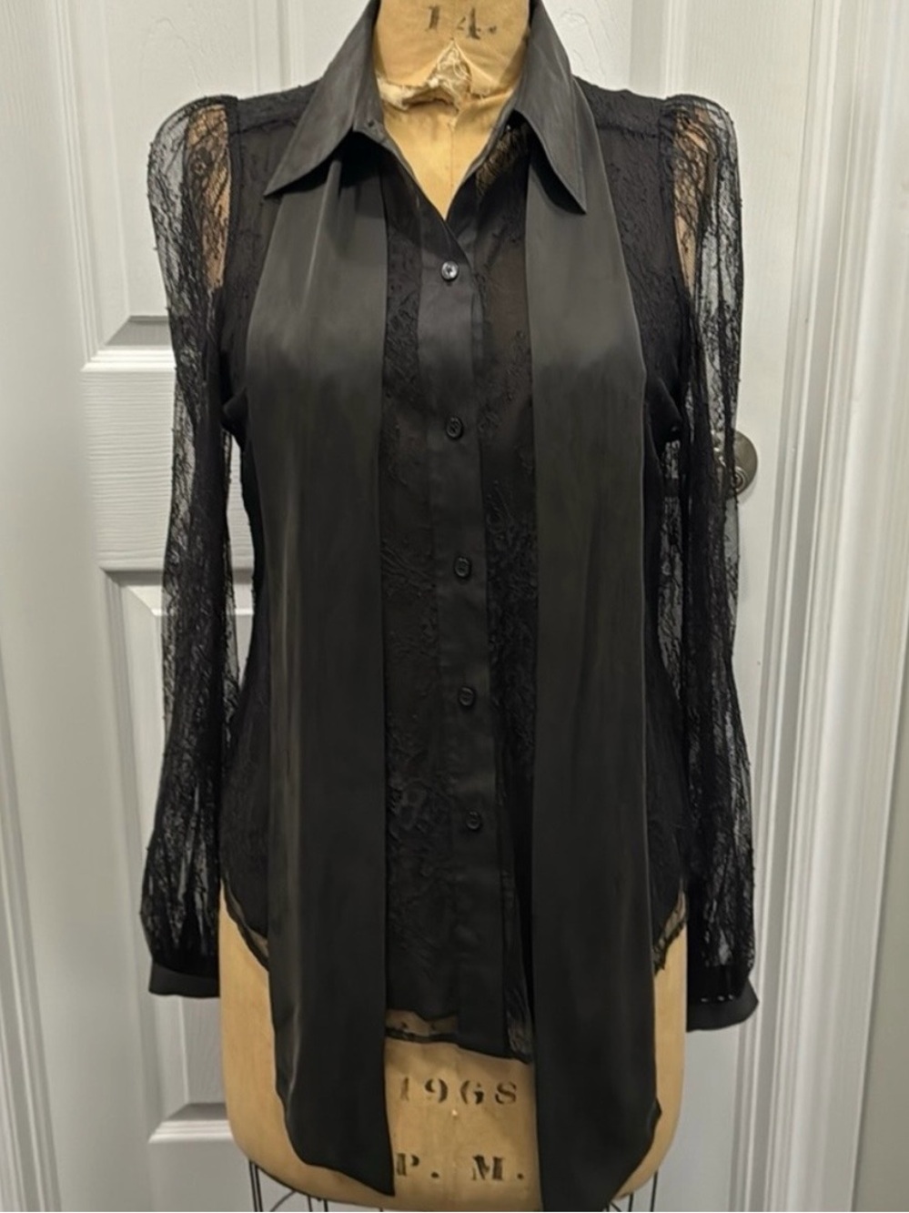 Equipment Black Lace-Sleeve Button Front Blouse with Scarf Tie